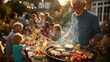 © Ilona - A joyful backyard gathering features an older man grilling meats and vegetables while family and friends enjoy a meal at sunset. Laughter and conversation fill the air