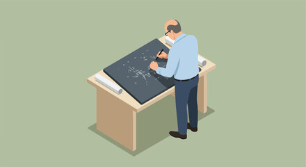 Isometric view of man drawing blueprint at table. Plain background. Concepts