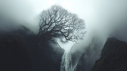 Wall Mural - a waterfallâs mist forming the outline of a giant tree with branches