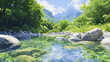 © Dararat - Serene landscape featuring clear river flowing through lush greenery and rocky terrain, surrounded by majestic mountains