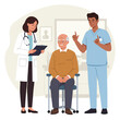 © Ketut - Diverse healthcare team provides inclusive patient consultation: a doctor speaks with an elderly patient as a nurse uses sign language, depicted in a modern flat vector illustration.