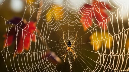 Dew-covered spiderweb with spider at center, autumn leaves in background, shallow focus