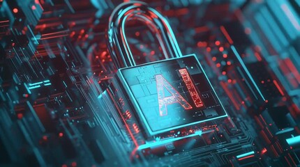 Padlock with glowing AI letters symbolizes artificial intelligence security on a circuit board