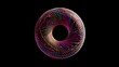 © Caspernik - Vibrant colorful geometric torus shape with spiral string art pattern against black background, digital 3D visualization for technology concept or data representation with free copy space
