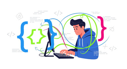 Illustration of a programmer coding with abstract symbols and connection lines showing developer