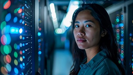 Young woman in server room looks at camera, surrounded by glowing server lights