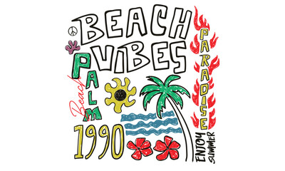 Wall Mural - Sunshine paradise graphic print design. Graffiti Tropical palm tree design. Beach modern abstract art. Sunshine on my mind. Summer vibes artwork. Peace symbol.