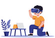 © Vector Factory - A young boy enjoys virtual reality, immersed in a digital world through VR goggles. A laptop and graphics display are visible, creating a modern, engaging scene. Bright, playful illustration.