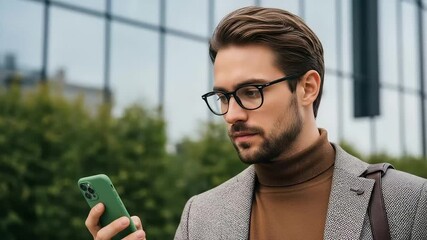 A focused businessman in glasses, wearing a stylish jacket and turtleneck, intently looking at his smartphone while standing outdoors near a modern glass building