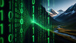 © Magic - Digital Nature: An ethereal fusion of digital code cascading down onto a breathtaking landscape of majestic mountains, serene valleys, and a pristine waterway.