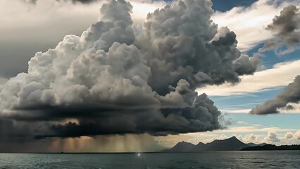 Wall Mural - dramatic 4k timelapse capturing massive dark storm clouds gathering the sky shifting tones of grey black illuminated by flashes of light ocean below reflecting tension creating a cinematic stormy