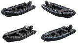Four black inflatable rubber boats with motor isolated on transparent background, offering versatile transportation and recreation options for water adventures