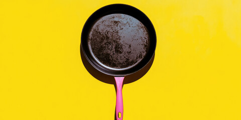 Dirty Frying pan with a pink handle is centered on a bright surface.  