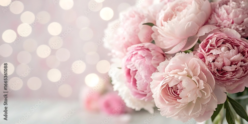 A bouquet of pink peonies flowers on a light background with bokeh ...