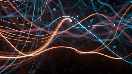 Flowing glowing lines and particles on dark background. Abstract digital data network communication internet footage.