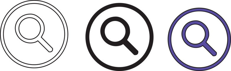 Magnifying glass search icon set inside circle, outline vector symbol for zoom, find, website app UI button, black line pictogram isolated on transparent background PNG,Illustration Icons