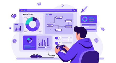 Game development and design illustration showcasing a user interface and controller design