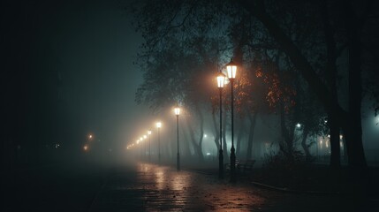 Wall Mural - stunning photo of foggy city street at night with silhouetted trees and lit lamps.