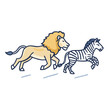 © PixelNest Media - Cartoon lion chasing a zebra, a wildlife scene
