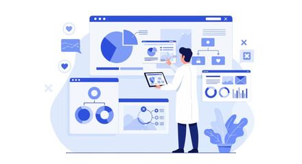 Scientist analyzing data on multiple screens, showcasing research and analytics in technology and