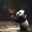 © Supawit - Baby panda chasing a butterfly, small paws reaching out, delicate wings fluttering above its nose, whimsical and magical wildlife moment, copy space.
