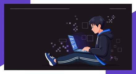 Illustration of a young developer coding on a laptop with digital background elements