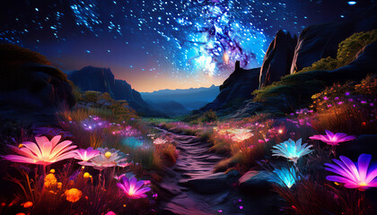 Enchanted night sky over a mystical forest landscape
