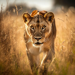  Regal lioness stalking through tall grass, piercing eyes locked onto her prey, soft bokeh background, professional wildlife shot, copy space. 