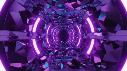 Wall Mural - purple and blue shards of crystal are scattered along the floor of a futuristic tunnel illuminated b