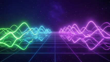 Wall Mural - colorful neon wavy lines flowing over a grid create a vibrant synthwave digital landscape, illuminat