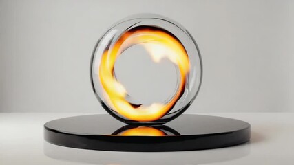 Wall Mural - transparent glass sphere with a luminous swirling fire ring inside standing on a black glossy podium