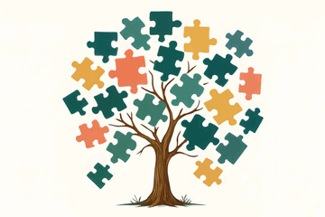 Abstract Tree with Puzzle Piece Leaves Illustration
