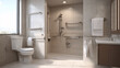 © zuriya - Accessibility-friendly bathroom with modern fixtures, grab rails, wide clear doorway, clean neutral minimalist