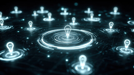 Wall Mural - illuminated light bulbs create network of ideas, radiating energy in dark digital space. glowing bul