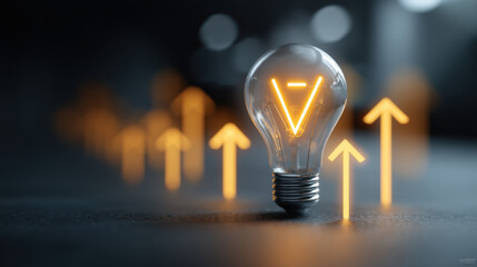 Wall Mural - glowing light bulb with upward arrow design symbolizes innovation and growth. background features bl