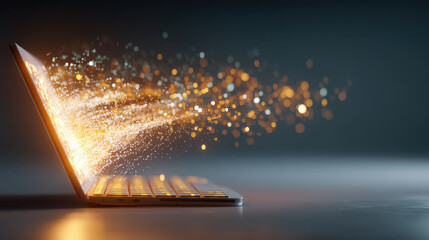 Wall Mural - laptop emits burst of glowing particles, creating magical effect. scene captures essence of technolo
