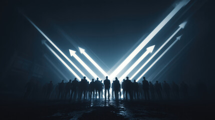 Wall Mural - group of silhouettes stands in dark environment, illuminated by bright, upward pointing arrows of li