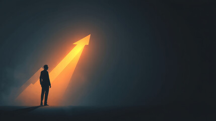 Wall Mural - silhouette of person stands in dark space, gazing at bright upward arrow symbolizing growth and succ