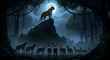 © waqas - A leopard on a rock under the moonlight watching a pack of wolves in a dark and dense forest area