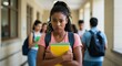 © SimpleDesignStudio - Worried African American teenage girl student feeling anxious and stressed while standing in a crowded school hallway.
