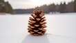 © Rahayu - A single pine cone stands upright in pristine snow against a blurred winter forest backdrop