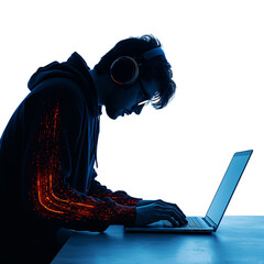 digital realm immersion a lone coder engrossed in illuminating screen glow on isolated setup