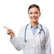 © BD STOCK - Smiling female doctor in white coat pointing left with stethoscope professional medical healthcare transparent background