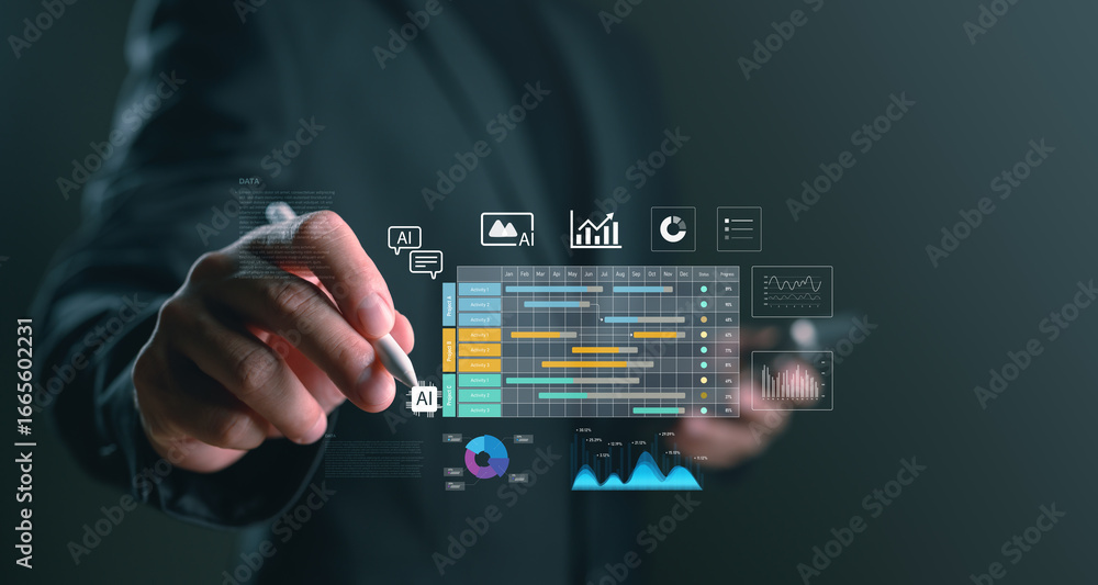 Tracking Data Visual Project management dashboard with AI-driven timeline interface, showing ...