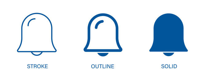 Bell icon with editable stroke, outline and solid styles. Notification concept icon.