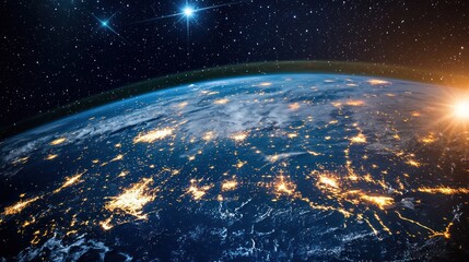 Wall Mural - The Earth's surface lit up with cities and stars, with a bright star shining in the sky.