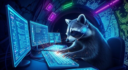 Cyberpunk Raccoon Programmer Coding with Multiple Monitors, Futuristic Tech Support