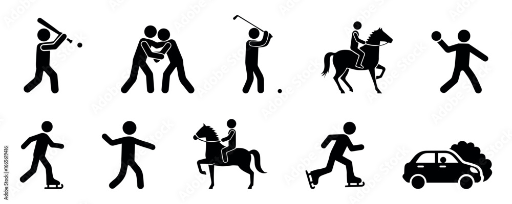 set of stickman silhouettes in sports and activity poses, depicting ...