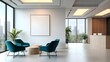 © Stella - Modern office interior with blank poster mockup on wall and seating area with city view and reception desk in daylight. 3D Rendering. 3D Rendering