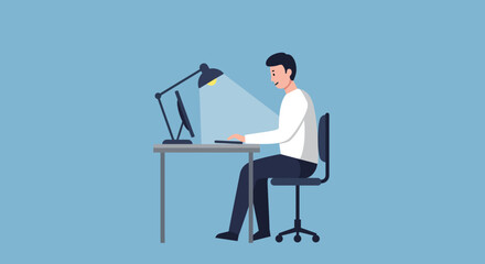 Man Working at Desk with Computer and Lamp.